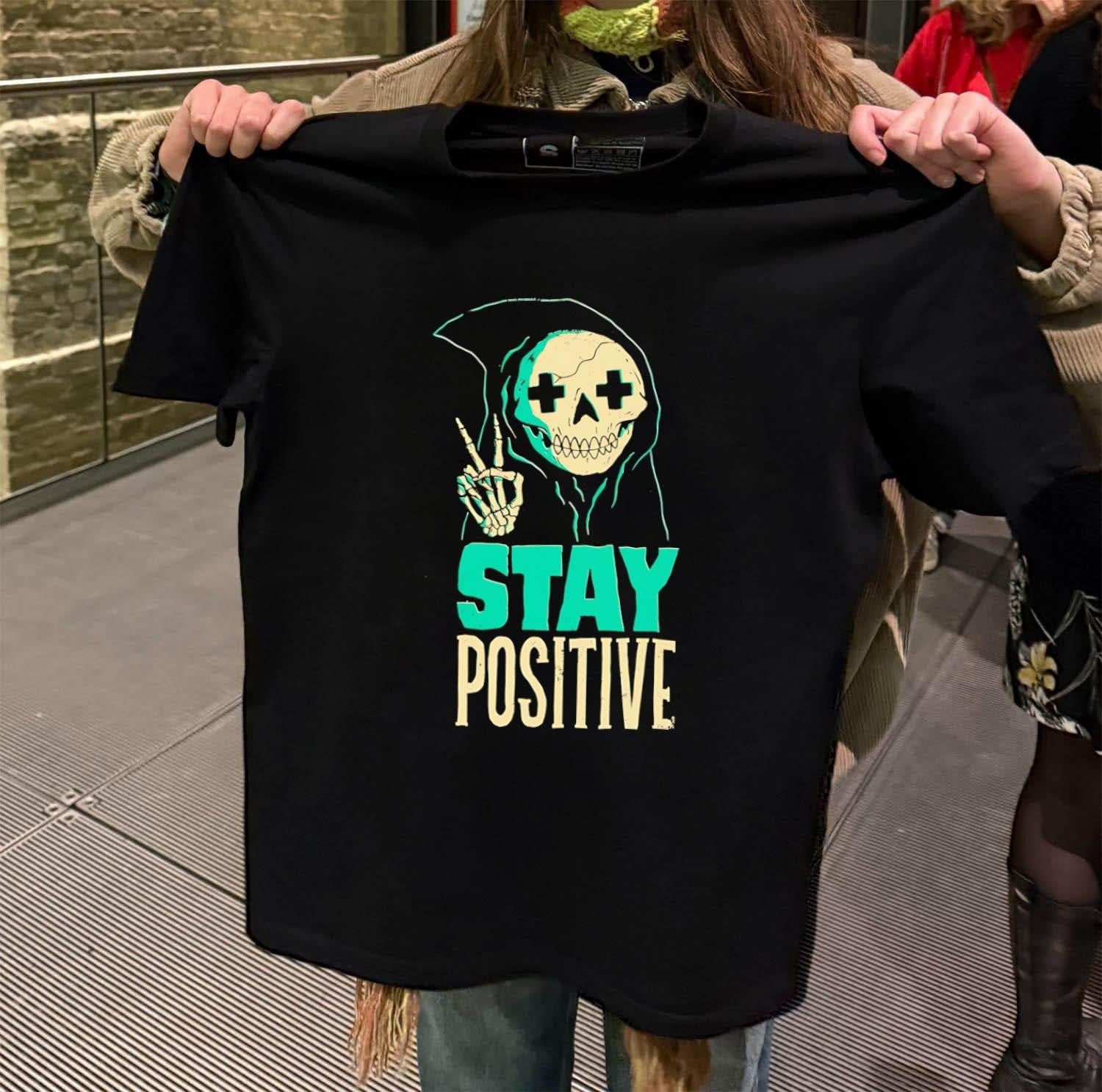 Stay Positive Skeleton Reaper Making Peace Sign Hand - Adult & Kids T-Shirts, Sweatshirts & Hoodies apparel design preview 2