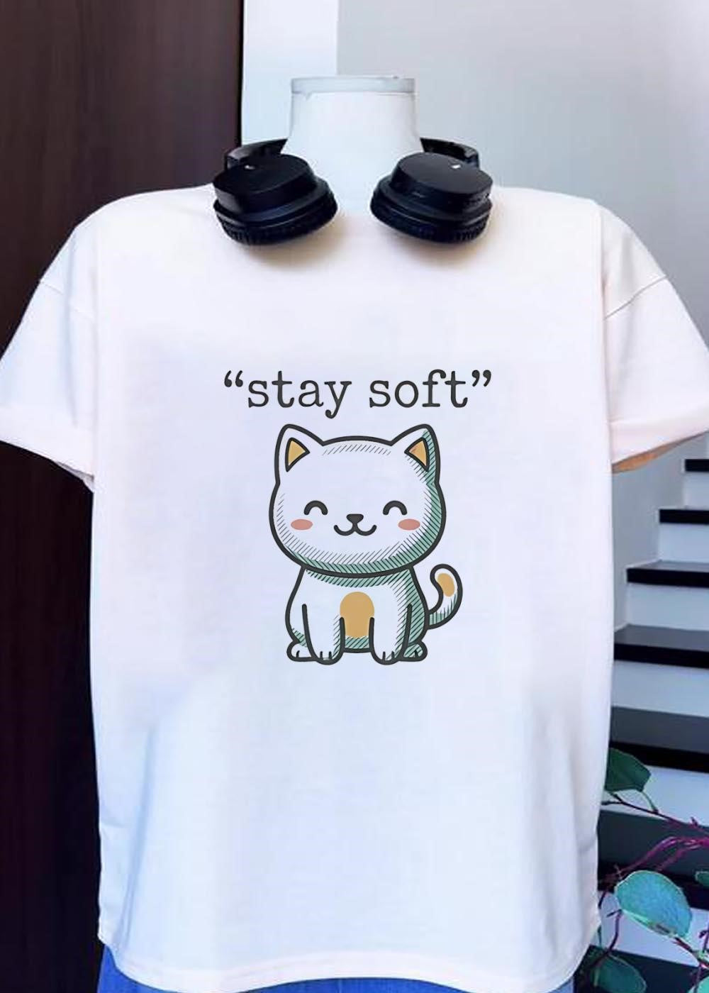 Stay Soft Cute Smiling Cartoon Cat - Adult & Kids T-Shirts, Sweatshirts & Hoodies apparel design preview 1