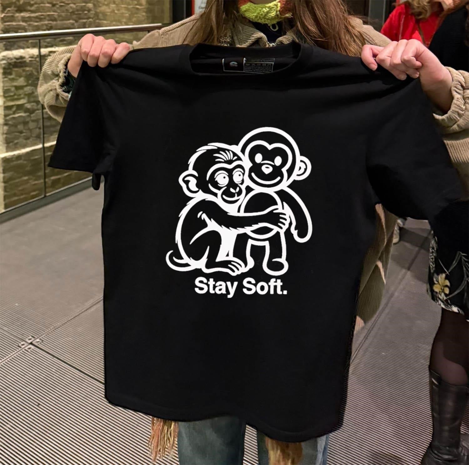 Stay Soft monkey hugging white line art - Adult & Kids T-Shirts, Sweatshirts & Hoodies apparel design preview 2