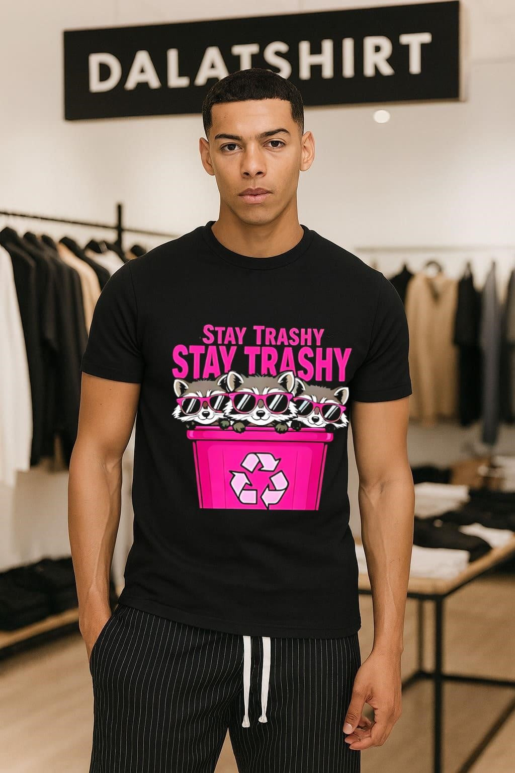 Stay Trashy Pink Sunglasses Raccoons Recycling Bin - Adult & Kids T-Shirts, Sweatshirts & Hoodies apparel design preview 1