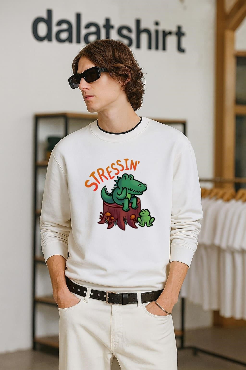 Stressin Crocodile and Frog on Tree Stump Cartoon - Adult & Kids T-Shirts, Sweatshirts & Hoodies apparel design preview 2
