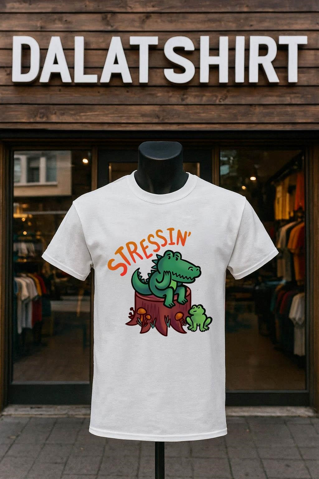 Stressin Crocodile and Frog on Tree Stump Cartoon - Adult & Kids T-Shirts, Sweatshirts & Hoodies apparel design preview 1