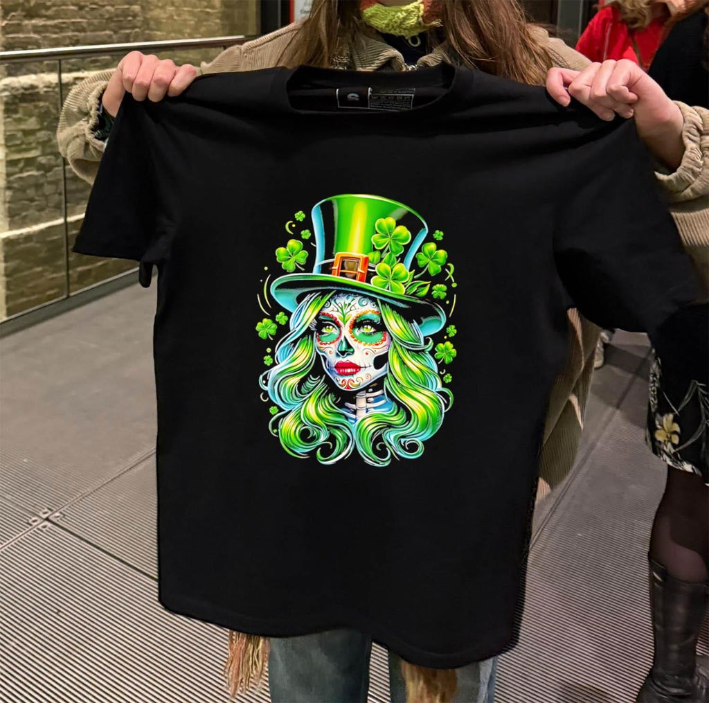 Sugar Skull Girl Wearing Green Top Hat Shamrocks - Adult & Kids T-Shirts, Sweatshirts & Hoodies apparel design preview 2