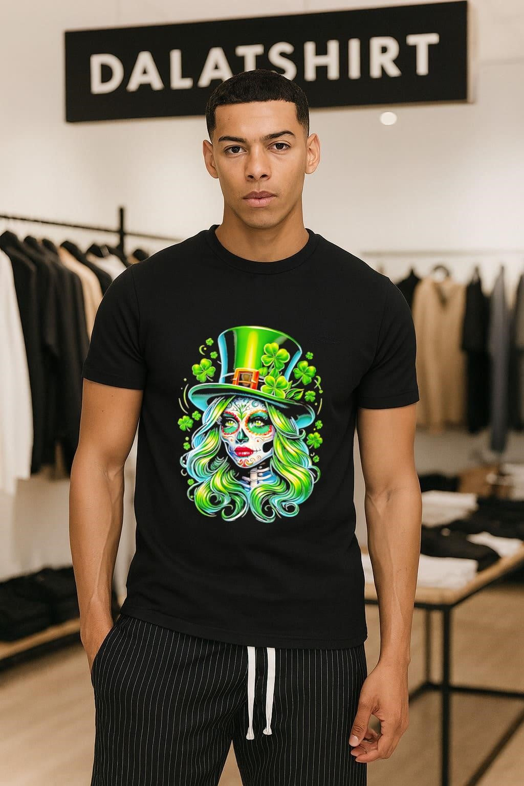 Sugar Skull Girl Wearing Green Top Hat Shamrocks - Adult & Kids T-Shirts, Sweatshirts & Hoodies apparel design preview 1