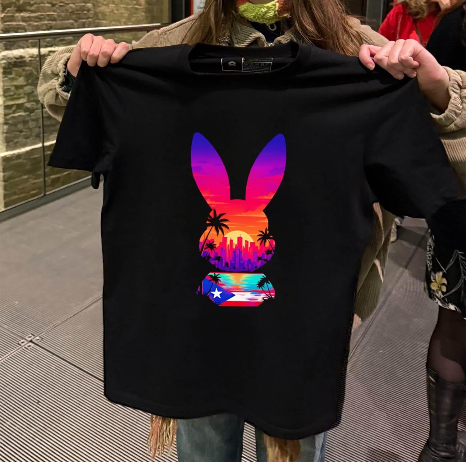 Sunset Cityscape Palm Trees Puerto Rico Flag Bunny - Adult & Kids T-Shirts, Sweatshirts & Hoodies apparel design preview 2