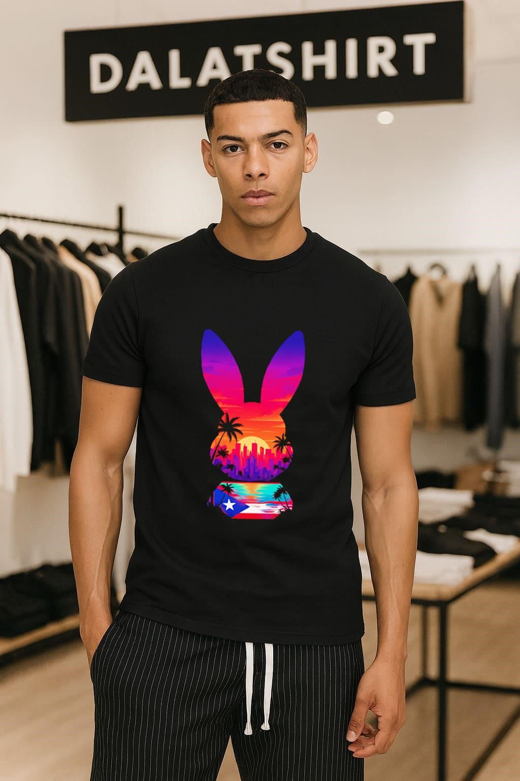 Sunset Cityscape Palm Trees Puerto Rico Flag Bunny - Adult & Kids T-Shirts, Sweatshirts & Hoodies apparel design preview 1