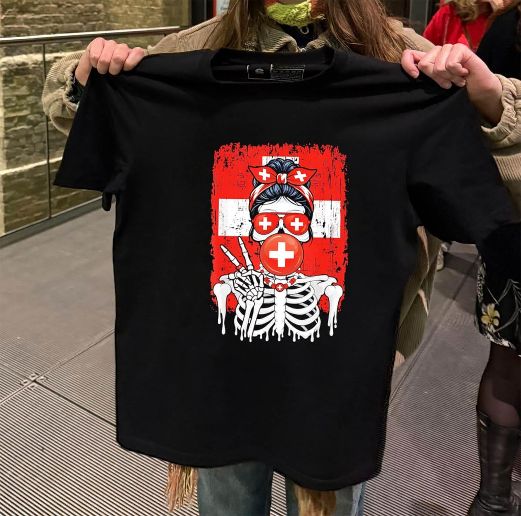 Switzerland Flag Skull Messy Bun Sunglasses Peace - Adult & Kids T-Shirts, Sweatshirts & Hoodies apparel design preview 2