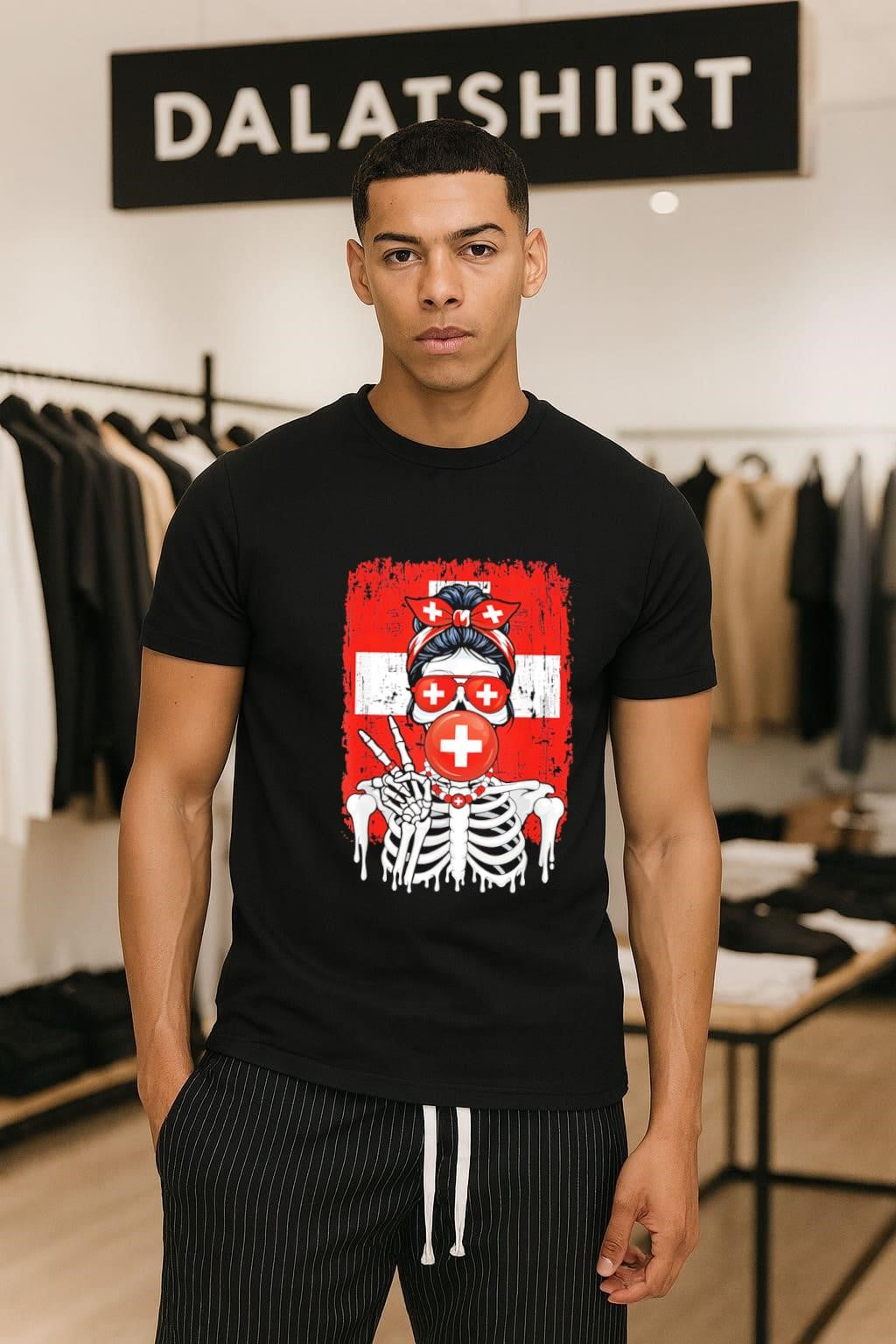 Switzerland Flag Skull Messy Bun Sunglasses Peace - Adult & Kids T-Shirts, Sweatshirts & Hoodies apparel design preview 1
