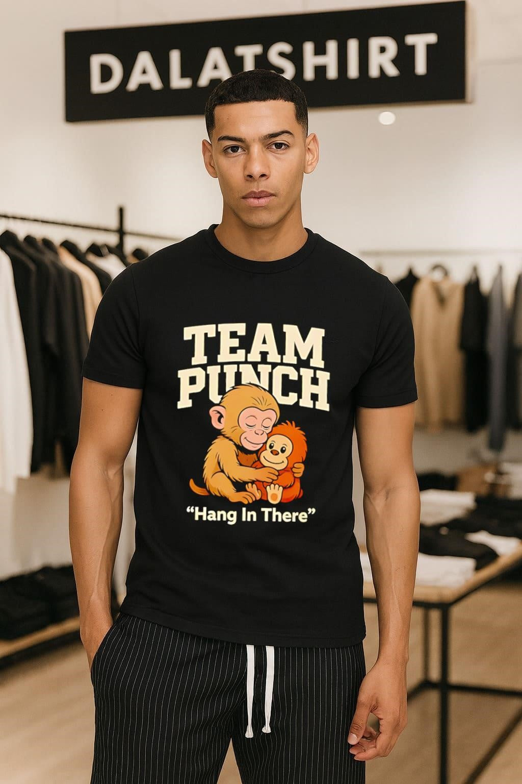 Team Punch Hang In There brown monkey hugging - Adult & Kids T-Shirts, Sweatshirts & Hoodies apparel design preview 1