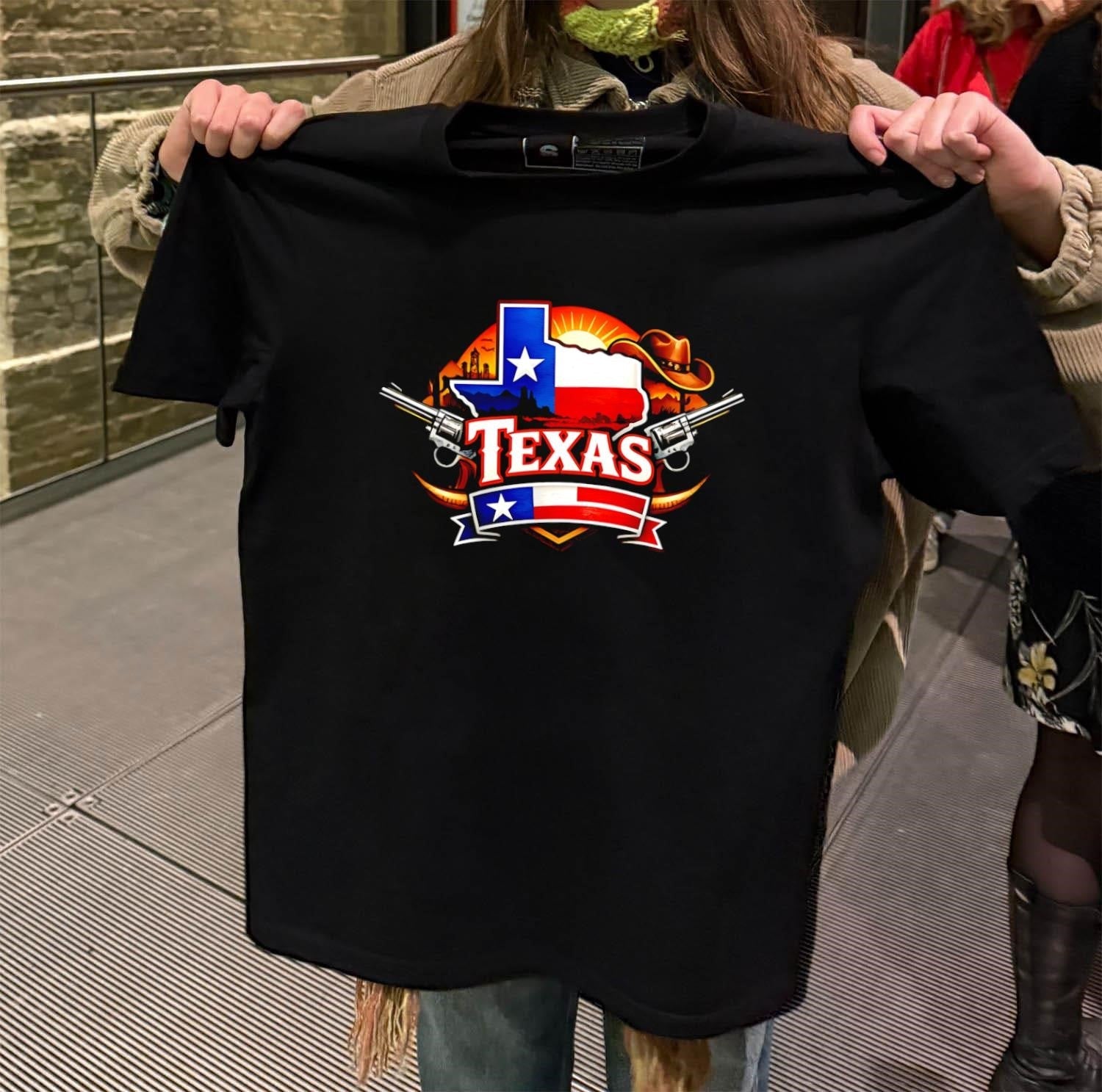 Texas State Flag Map Cowboy Hat Revolvers Desert - Adult & Kids T-Shirts, Sweatshirts & Hoodies apparel design preview 2