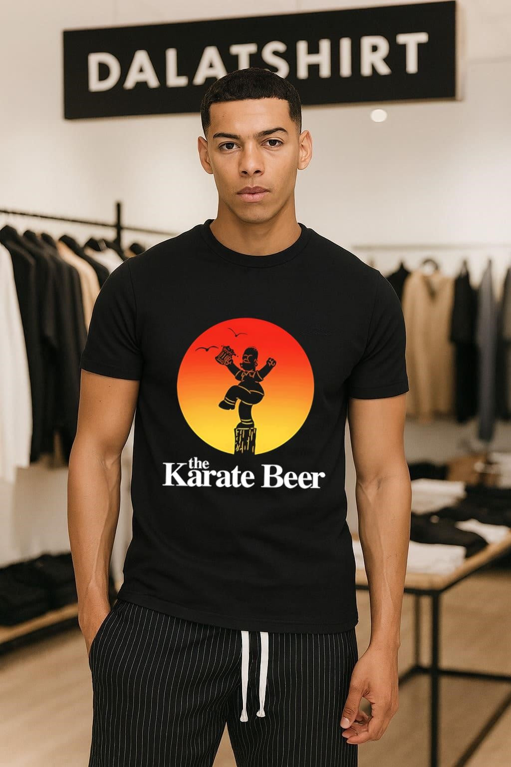 The Karate Kid Homer Simpson Holding Beer Mug Crane - Adult & Kids T-Shirts, Sweatshirts & Hoodies apparel design preview 1