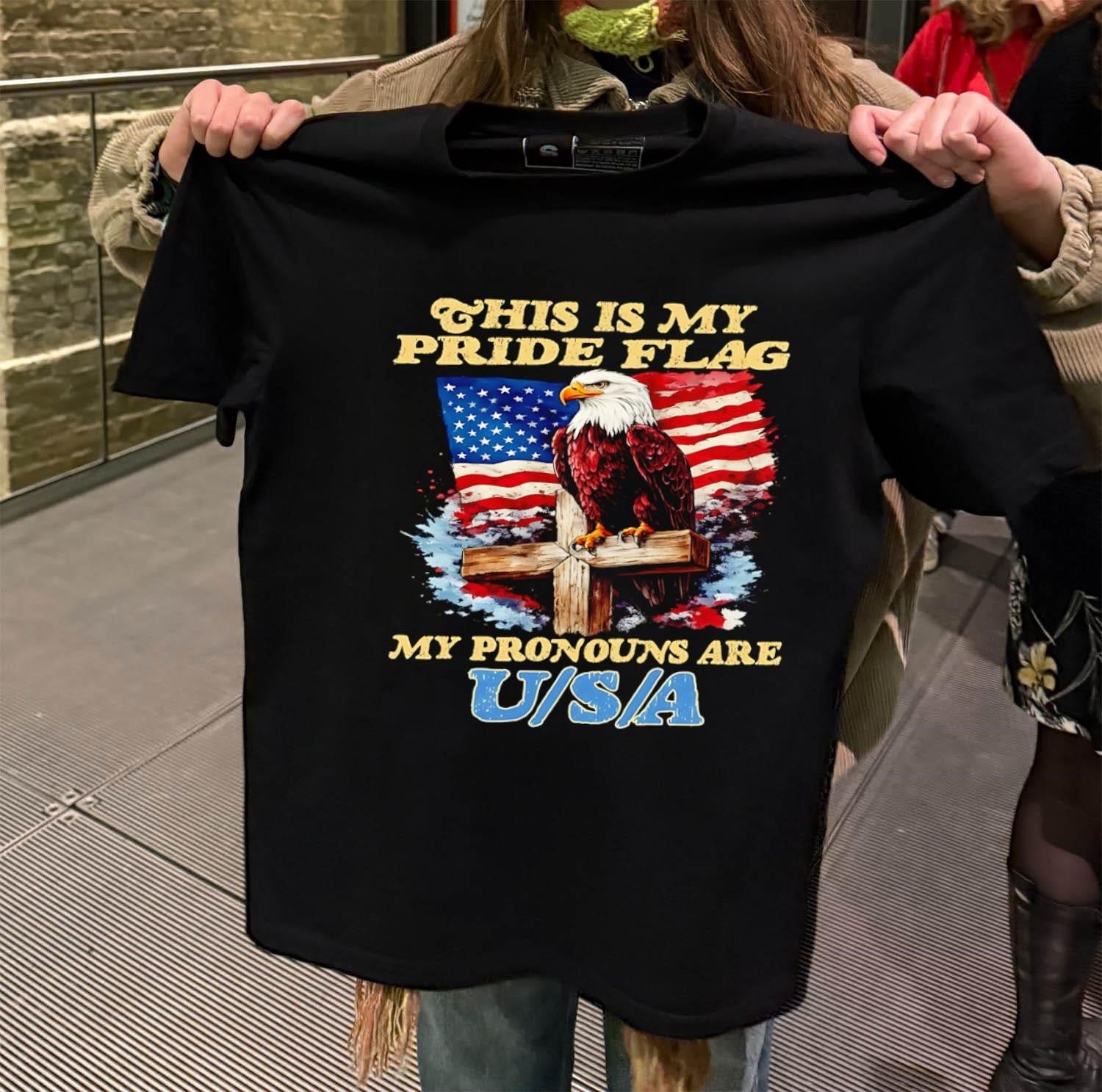 This Is My Pride Flag Pronouns Are USA Eagle Cross - Adult & Kids T-Shirts, Sweatshirts & Hoodies apparel design preview 2