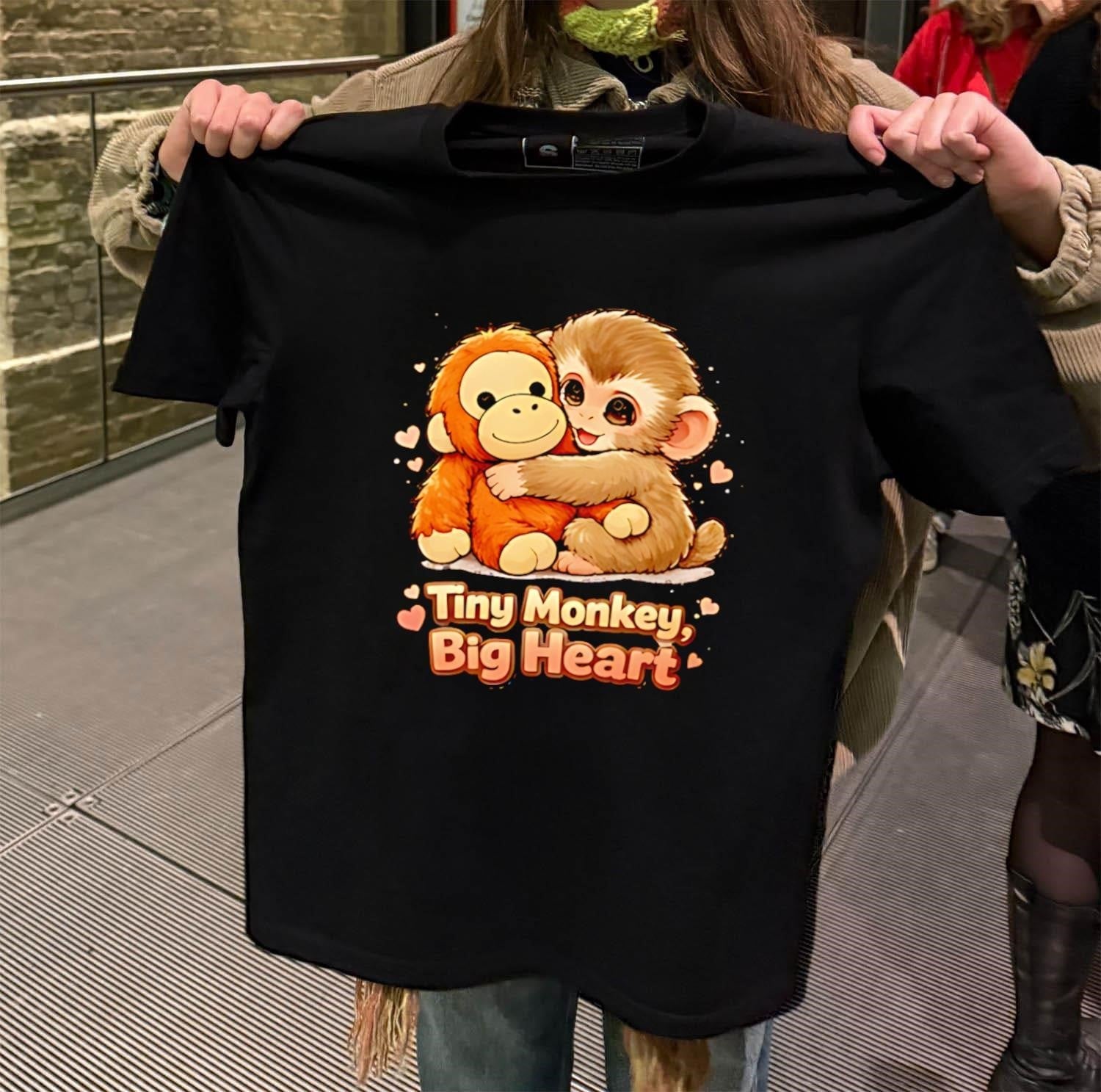 Tiny Monkey Big Heart brown hugging orange - Adult & Kids T-Shirts, Sweatshirts & Hoodies apparel design preview 2