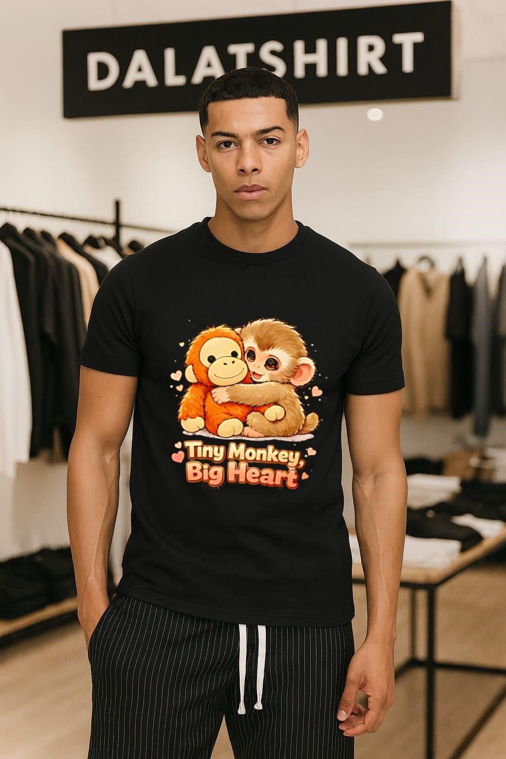 Tiny Monkey Big Heart brown hugging orange - Adult & Kids T-Shirts, Sweatshirts & Hoodies apparel design preview 1