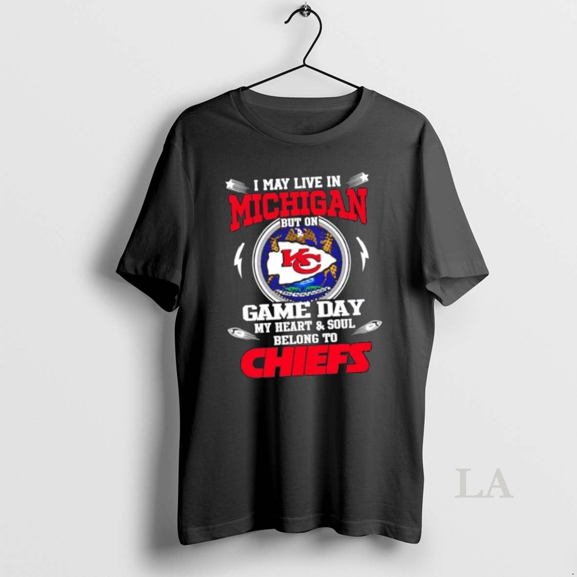 Top I May Live In Michigan But On Game Day My Heart - Adult & Kids T-Shirts, Sweatshirts & Hoodies apparel design preview 1