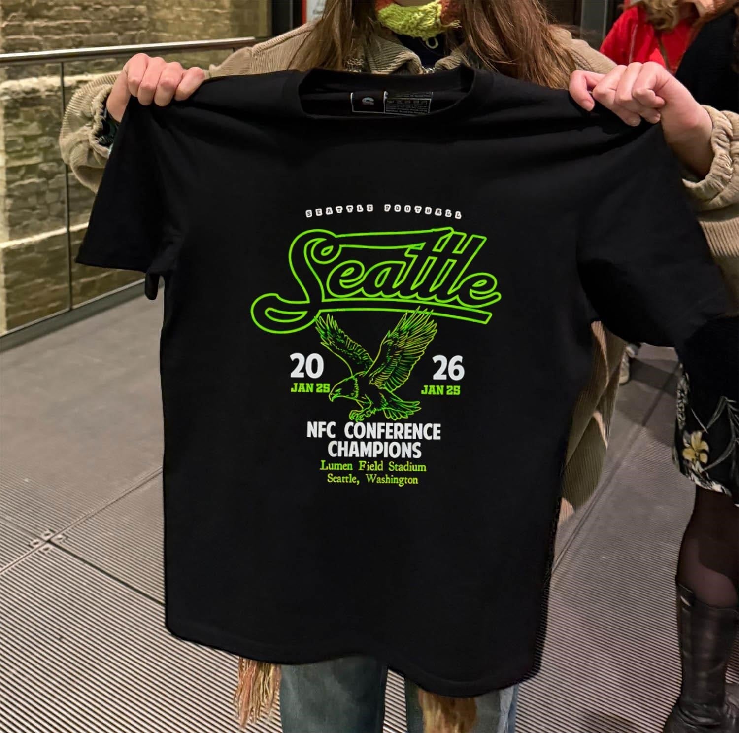 Seattle Football Script Hawk Logo 2026 NFC Conference - Adult & Kids T-Shirts, Sweatshirts & Hoodies apparel design preview 2