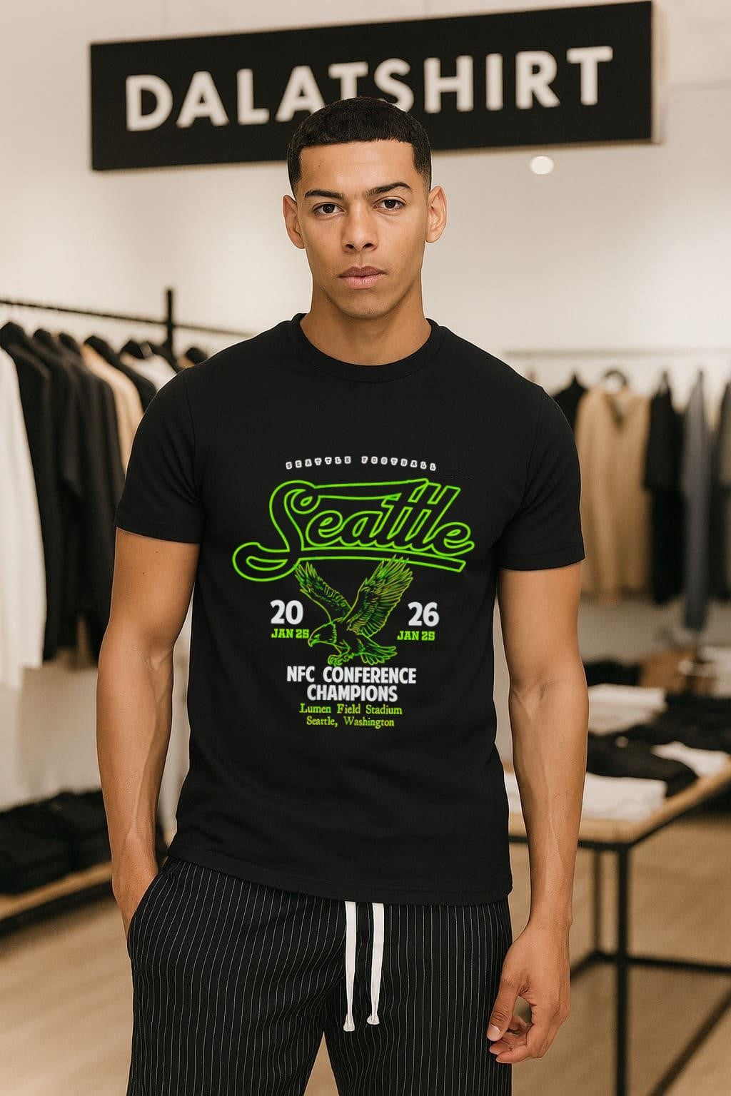 Seattle Football Script Hawk Logo 2026 NFC Conference - Adult & Kids T-Shirts, Sweatshirts & Hoodies apparel design preview 1