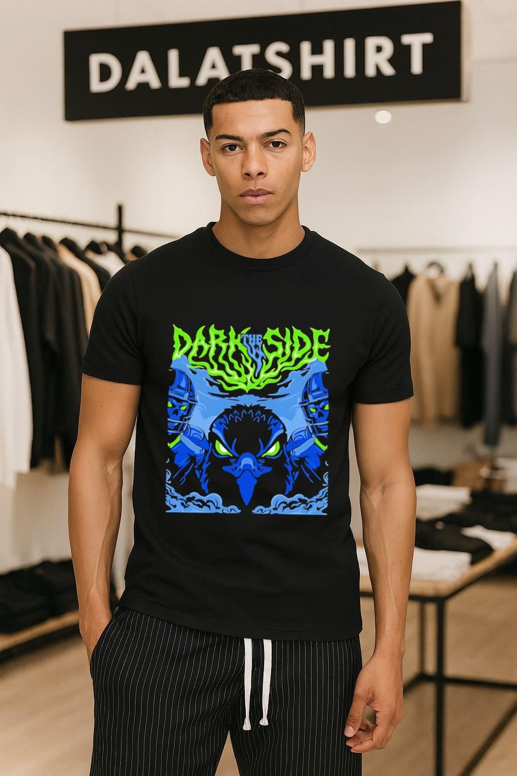 The Dark Side Neon Green Text Evil Hawk Skulls - Adult & Kids T-Shirts, Sweatshirts & Hoodies apparel design preview 1