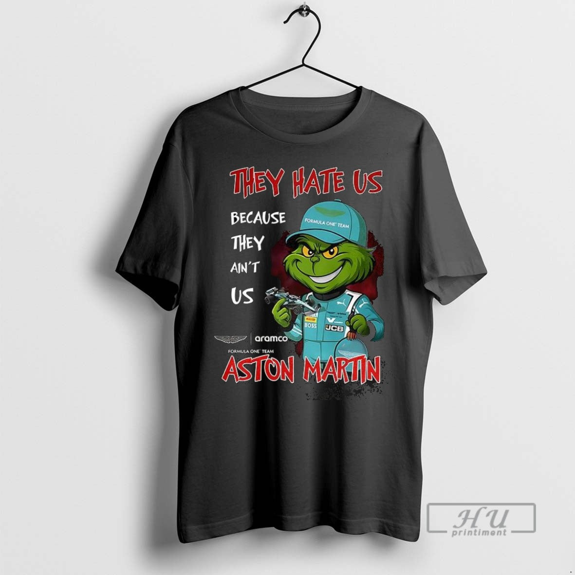 Trending Grinch X Aston Martin Formula 1 They Hate Us - Adult & Kids T-Shirts, Sweatshirts & Hoodies apparel design preview 1
