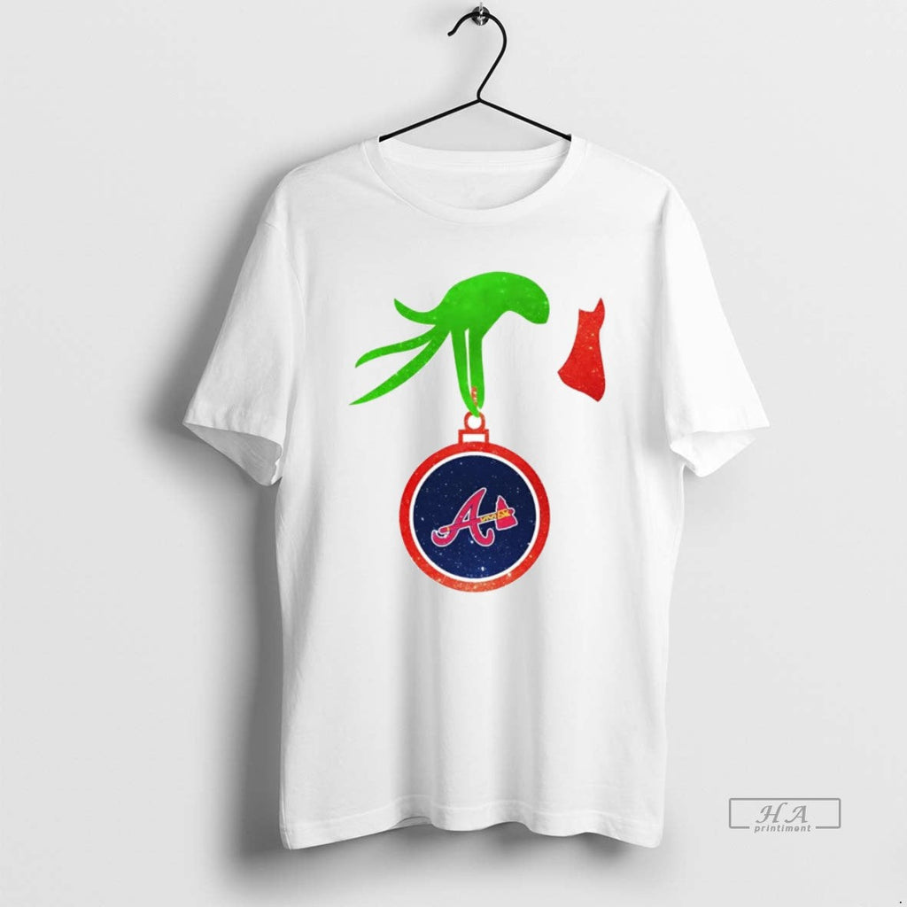 Trendy Grinch Hand Holding Atlanta Braves Christmas - Adult & Kids T-Shirts, Sweatshirts & Hoodies apparel design preview 1