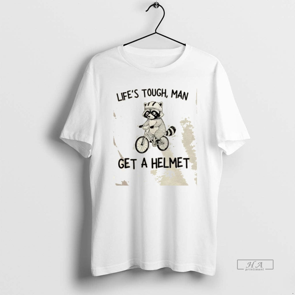 Trendy Raccoon Bicycle Lifes Tough Man Get A Helmet - Adult & Kids T-Shirts, Sweatshirts & Hoodies apparel design preview 1