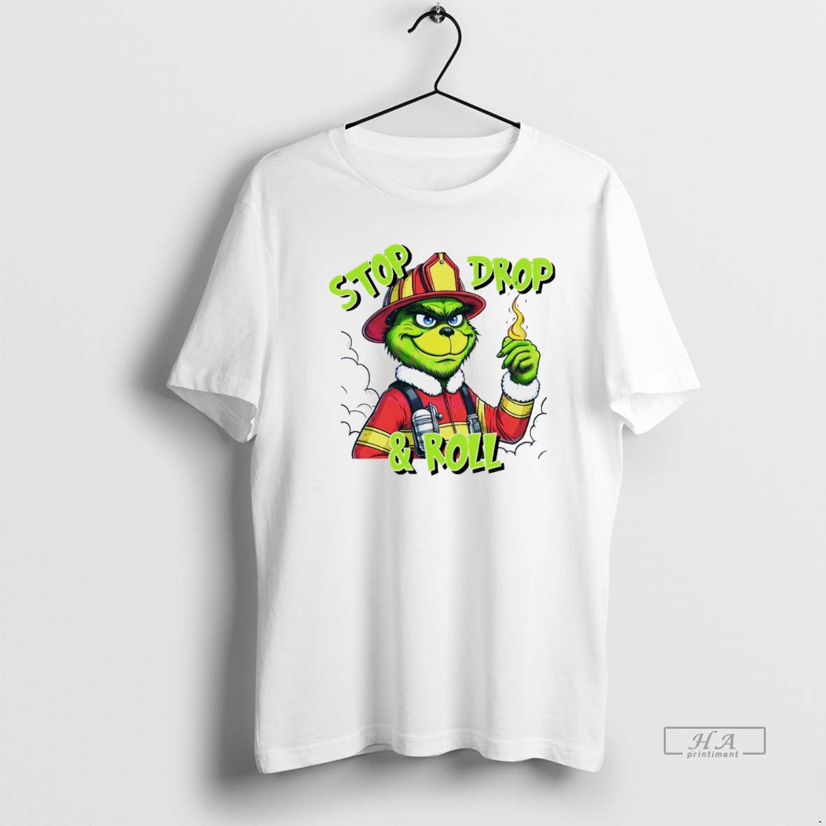 Trendy Stop Drop And Roll Grinch Christmas Fireman - Adult & Kids T-Shirts, Sweatshirts & Hoodies apparel design preview 1