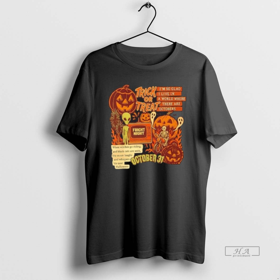 Trendy Trick Or Treat Alien Skeleton Riding And Ghost - Adult & Kids T-Shirts, Sweatshirts & Hoodies apparel design preview 1