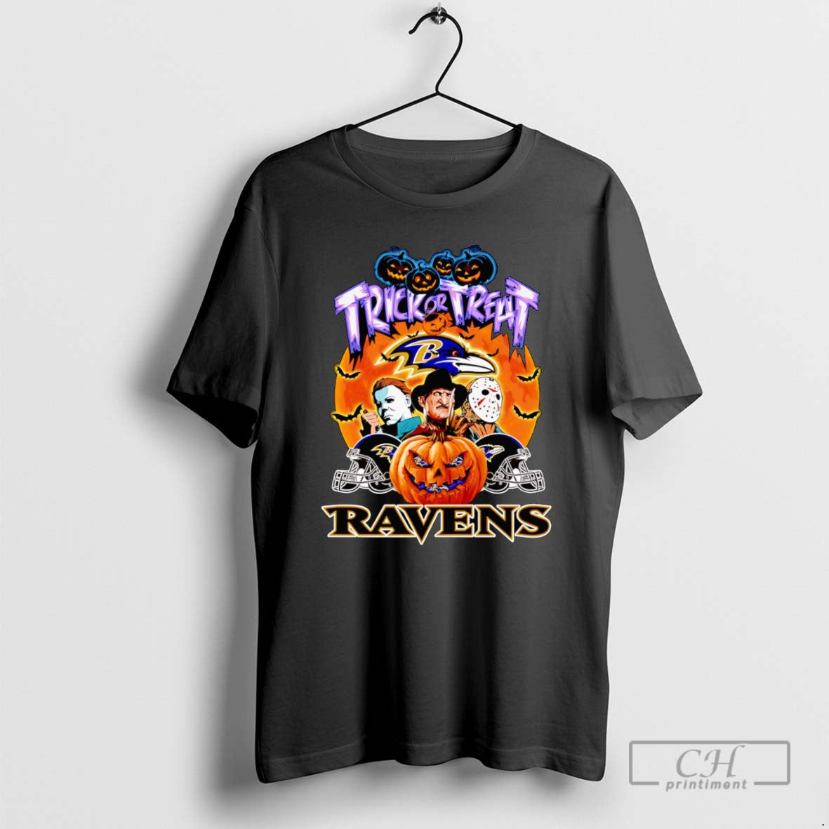 Trick Or Treat Baltimore Ravens Horror Character - Adult & Kids T-Shirts, Sweatshirts & Hoodies apparel design preview 1