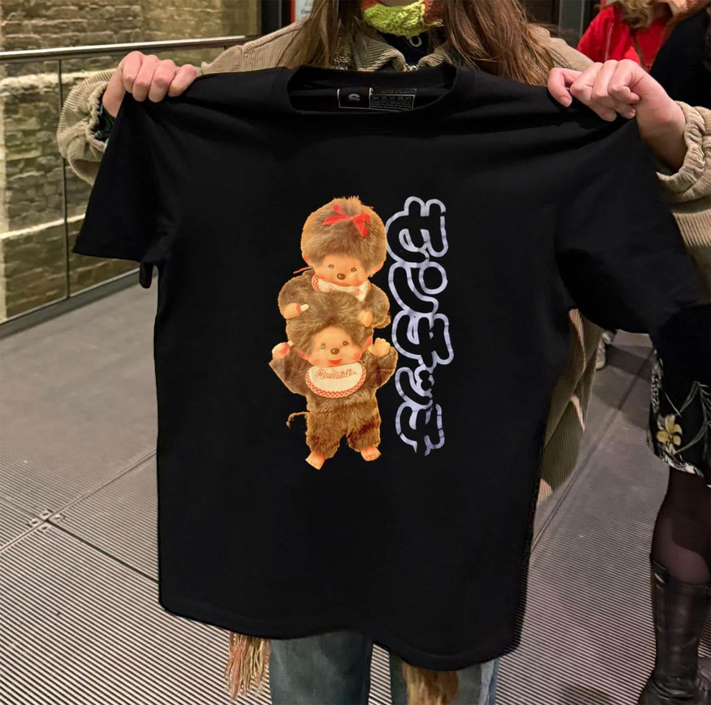 Two Monchhichi monkeys sitting on shoulders bib - Adult & Kids T-Shirts, Sweatshirts & Hoodies apparel design preview 2