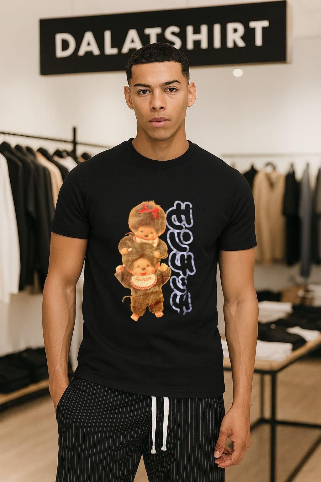Two Monchhichi monkeys sitting on shoulders bib - Adult & Kids T-Shirts, Sweatshirts & Hoodies apparel design preview 1