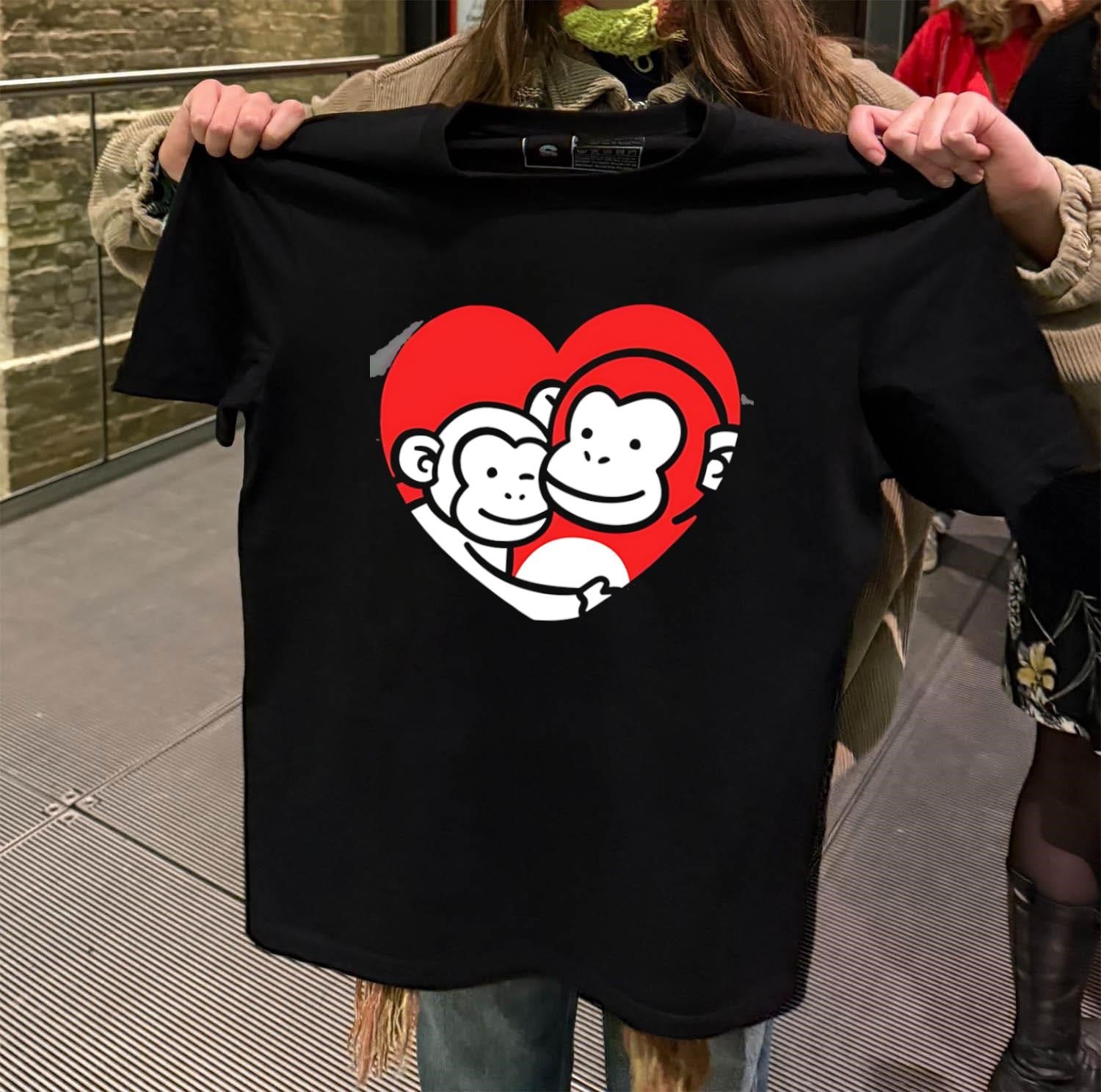 Two Monkeys Hugging in Red Heart Cartoon Graphic - Adult & Kids T-Shirts, Sweatshirts & Hoodies apparel design preview 2