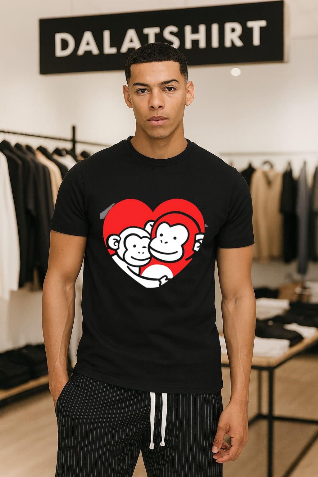 Two Monkeys Hugging in Red Heart Cartoon Graphic - Adult & Kids T-Shirts, Sweatshirts & Hoodies apparel design preview 1