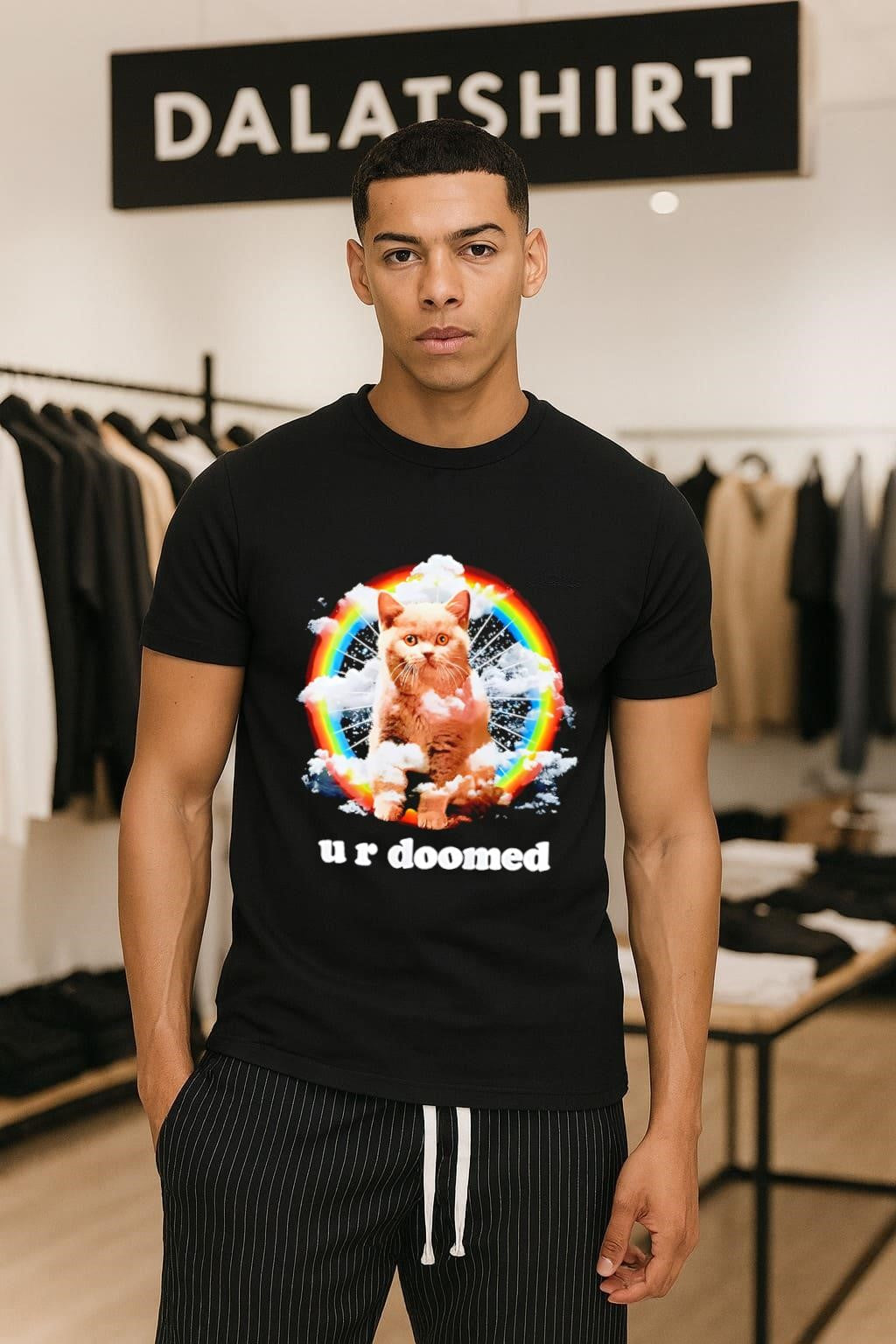 U R Doomed Cat In Clouds Rainbow Space - Adult & Kids T-Shirts, Sweatshirts & Hoodies apparel design preview 1