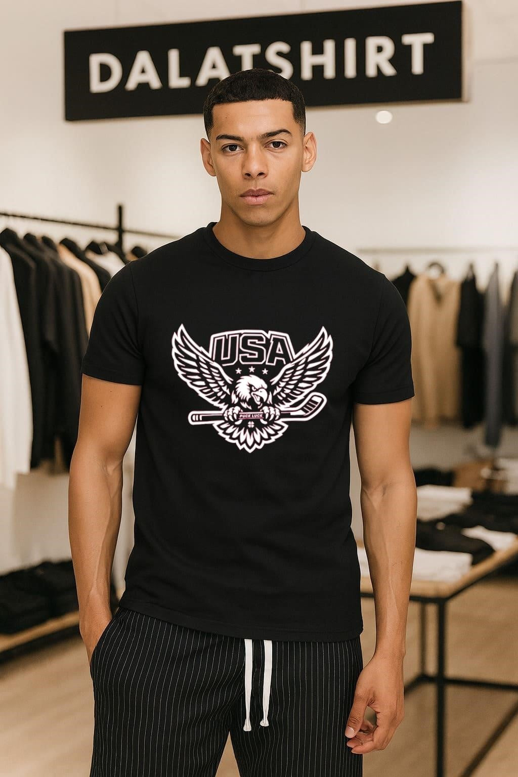 USA Eagle Clutching Hockey Stick Puck Luck - Adult & Kids T-Shirts, Sweatshirts & Hoodies apparel design preview 1