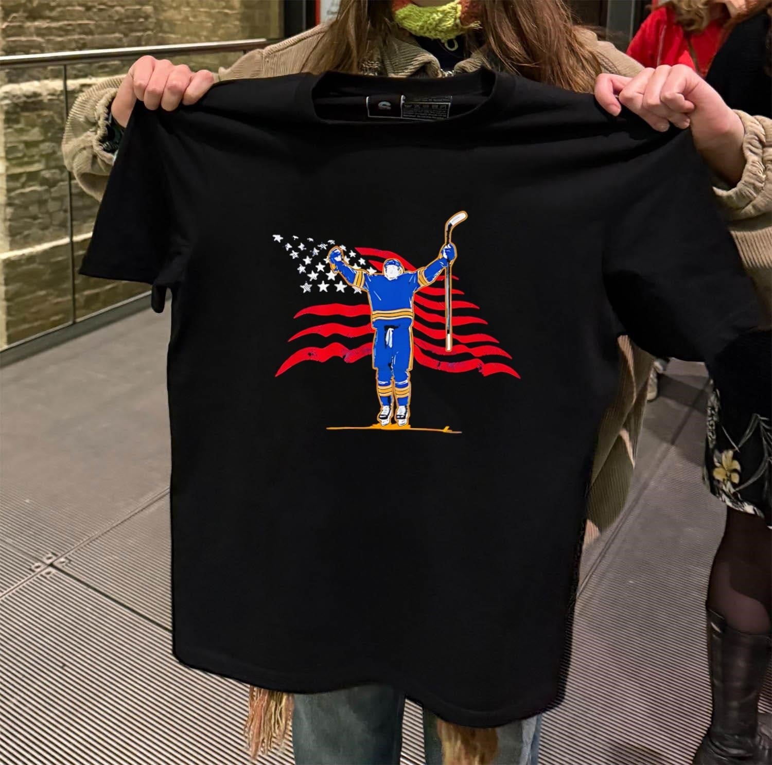 USA Flag Hockey Player Raising Arms Victory - Adult & Kids T-Shirts, Sweatshirts & Hoodies apparel design preview 2