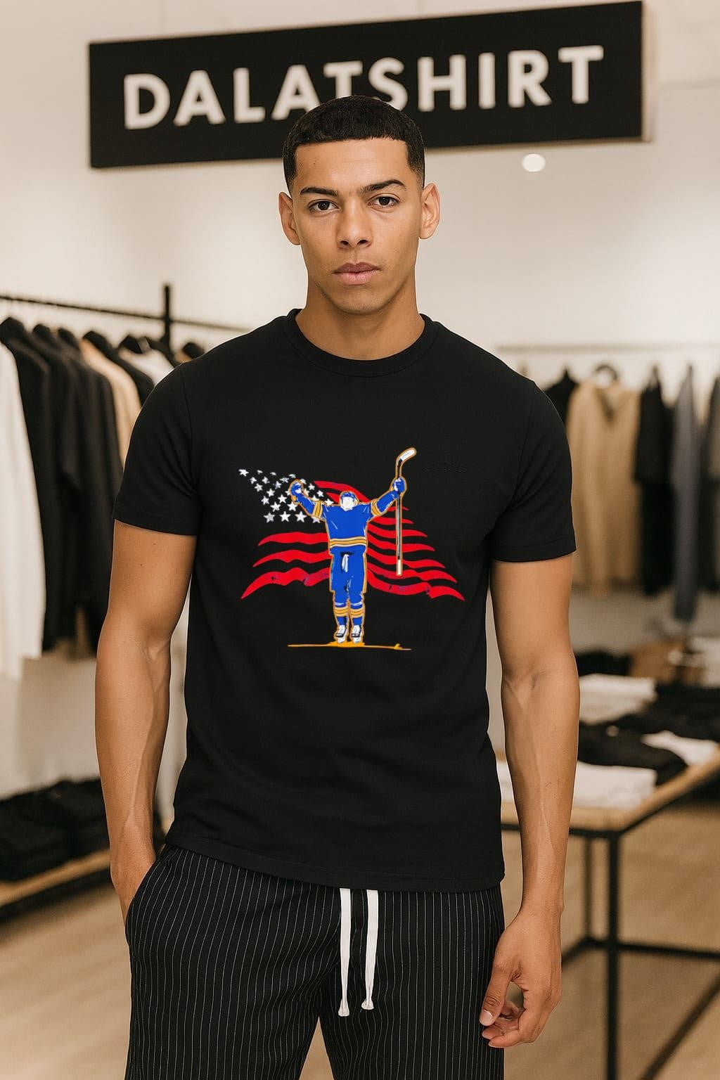 USA Flag Hockey Player Raising Arms Victory - Adult & Kids T-Shirts, Sweatshirts & Hoodies apparel design preview 1
