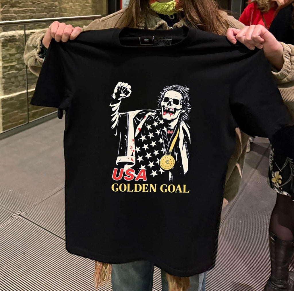 USA Golden Goal Skeleton with Gold Medal and Flag - Adult & Kids T-Shirts, Sweatshirts & Hoodies apparel design preview 2