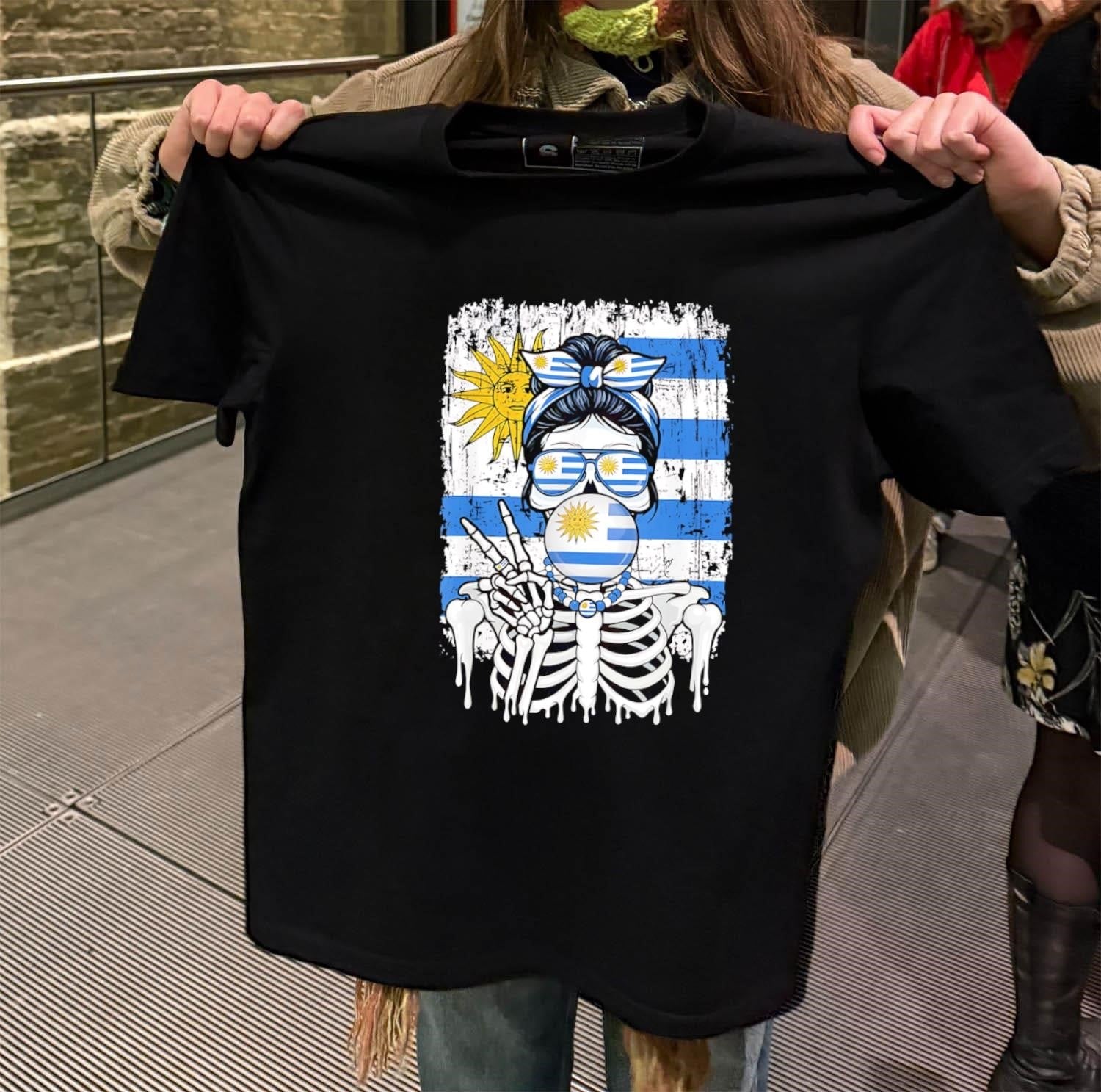 Uruguay Flag Skull Messy Bun Sunglasses Peace Sign - Adult & Kids T-Shirts, Sweatshirts & Hoodies apparel design preview 2