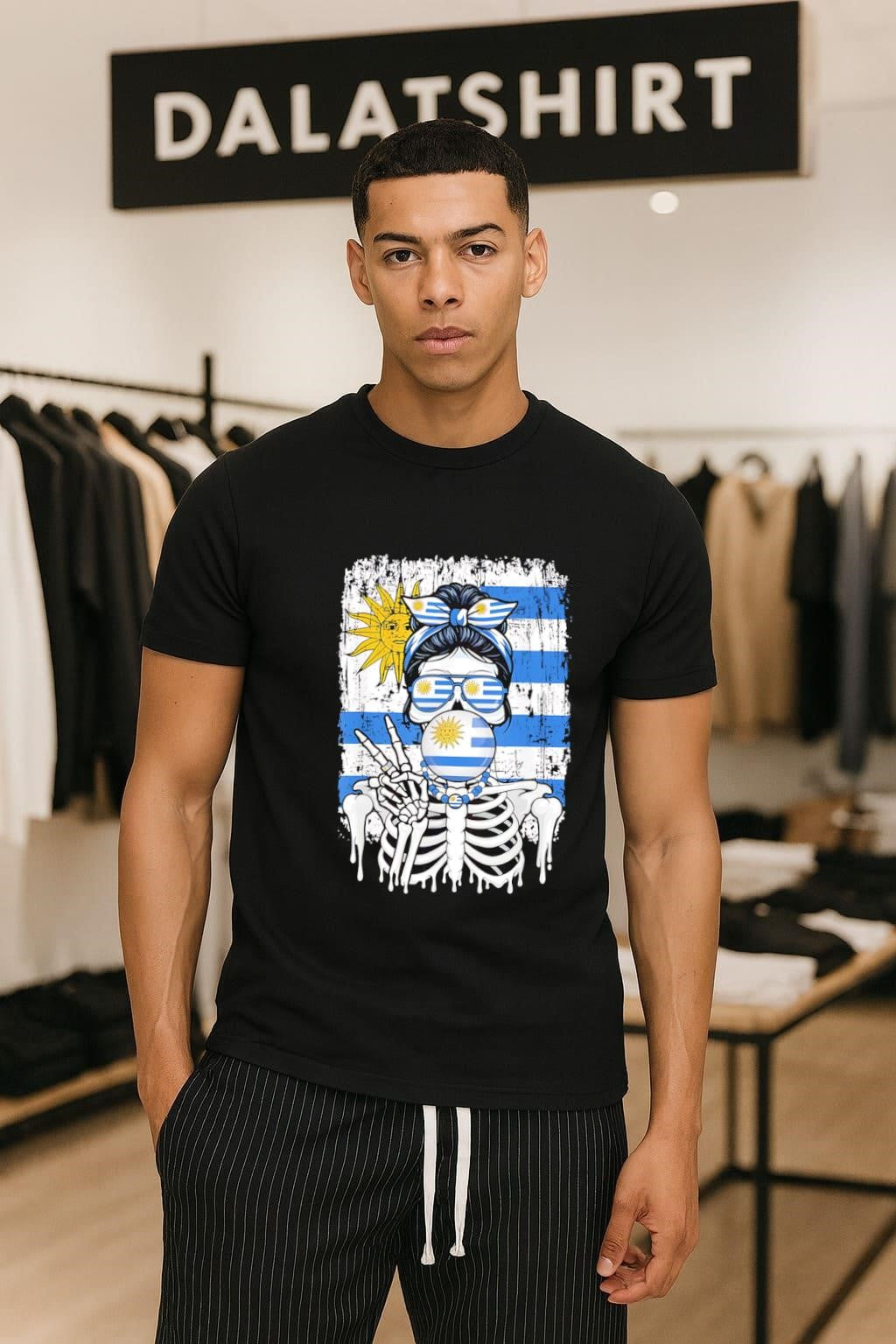Uruguay Flag Skull Messy Bun Sunglasses Peace Sign - Adult & Kids T-Shirts, Sweatshirts & Hoodies apparel design preview 1
