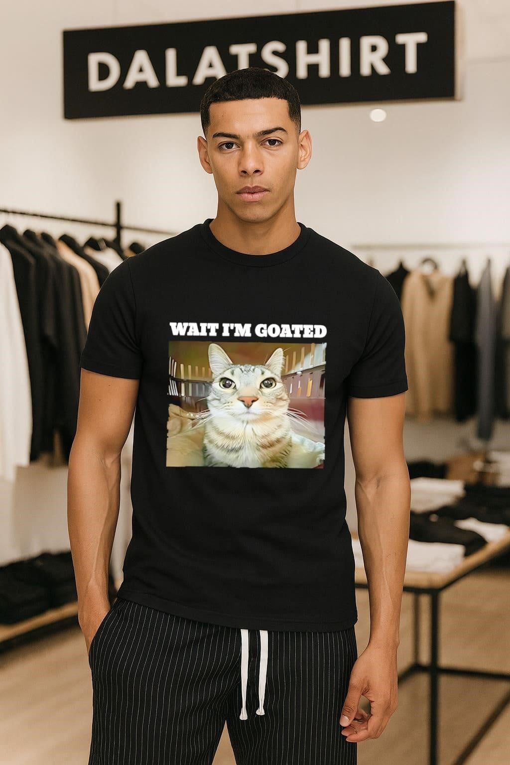 Wait I'm GOATED Funny Tabby Cat Expression - Adult & Kids T-Shirts, Sweatshirts & Hoodies apparel design preview 1