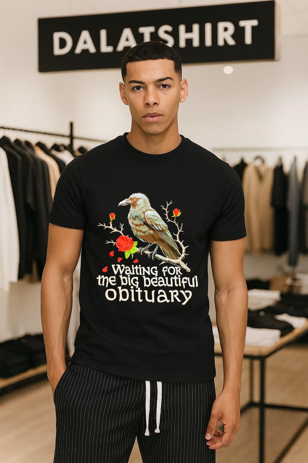 Waiting for the big beautiful Obituary Crow and Roses - Adult & Kids T-Shirts, Sweatshirts & Hoodies apparel design preview 1