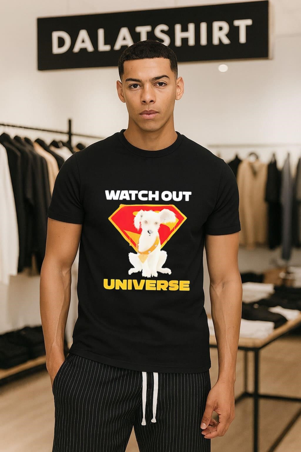 Watch Out Universe White Super Hero Puppy Dog - Adult & Kids T-Shirts, Sweatshirts & Hoodies apparel design preview 1