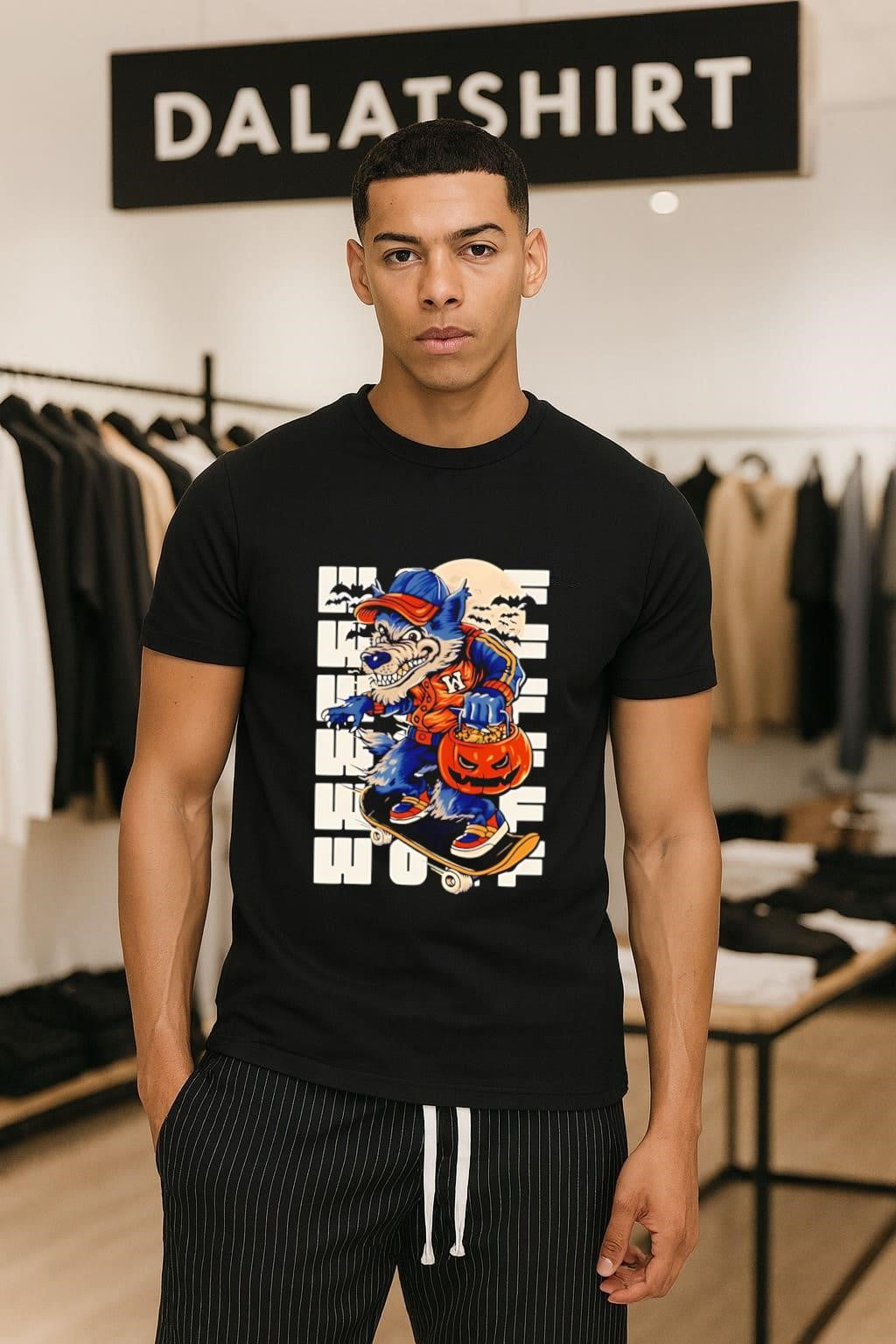 Werewolf Skateboarder with Halloween Pumpkin and Full - Adult & Kids T-Shirts, Sweatshirts & Hoodies apparel design preview 1