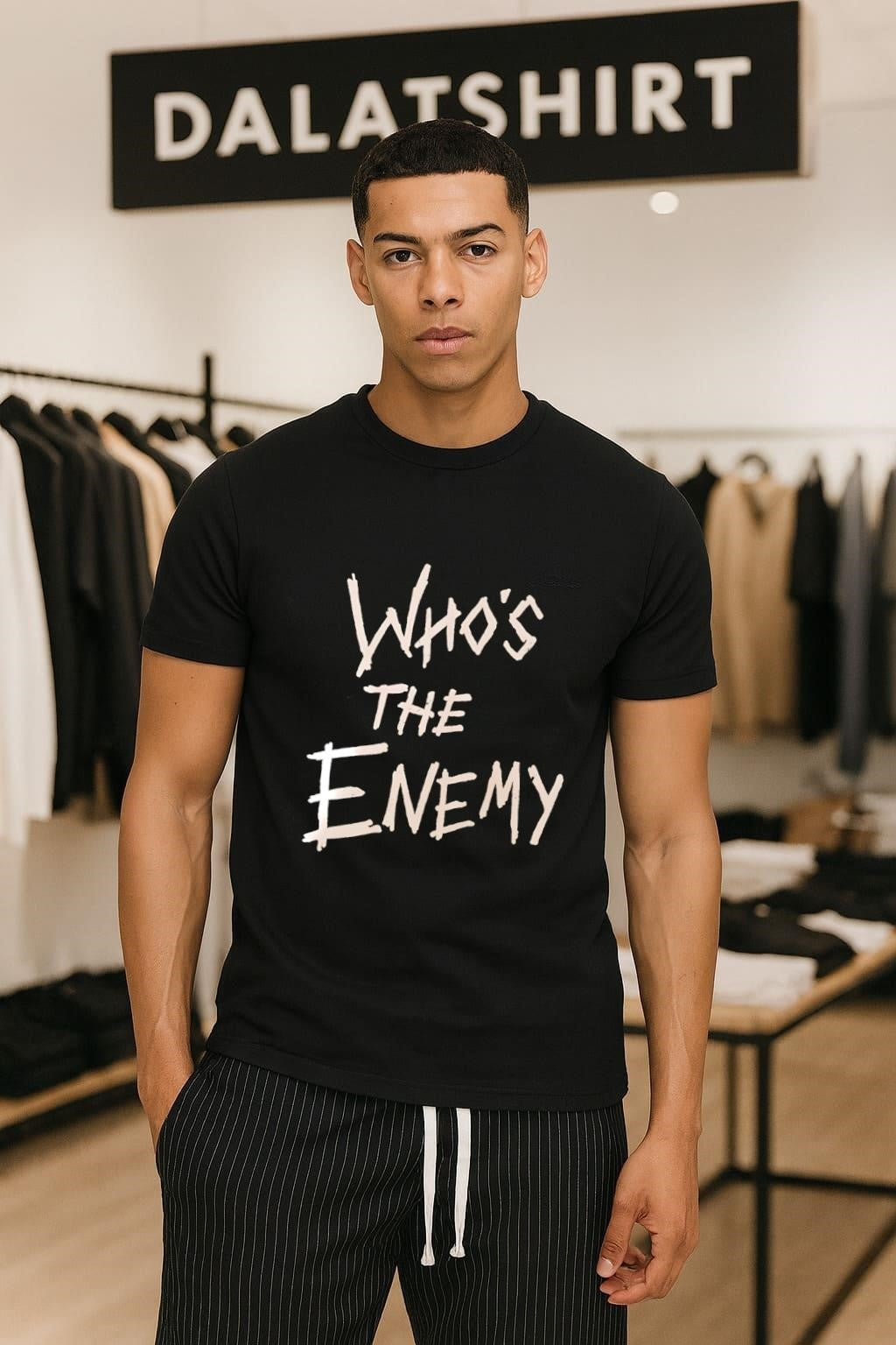 Who's The Enemy distressed horror movie style font - Adult & Kids T-Shirts, Sweatshirts & Hoodies apparel design preview 1