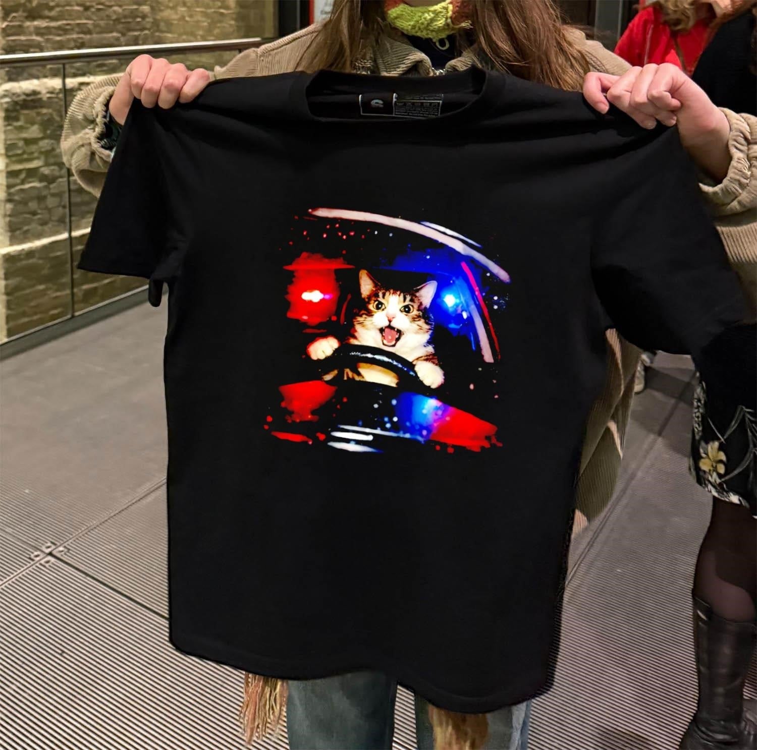 Wild Cat Driving Car With Police Sirens Funny Meme - Adult & Kids T-Shirts, Sweatshirts & Hoodies apparel design preview 2