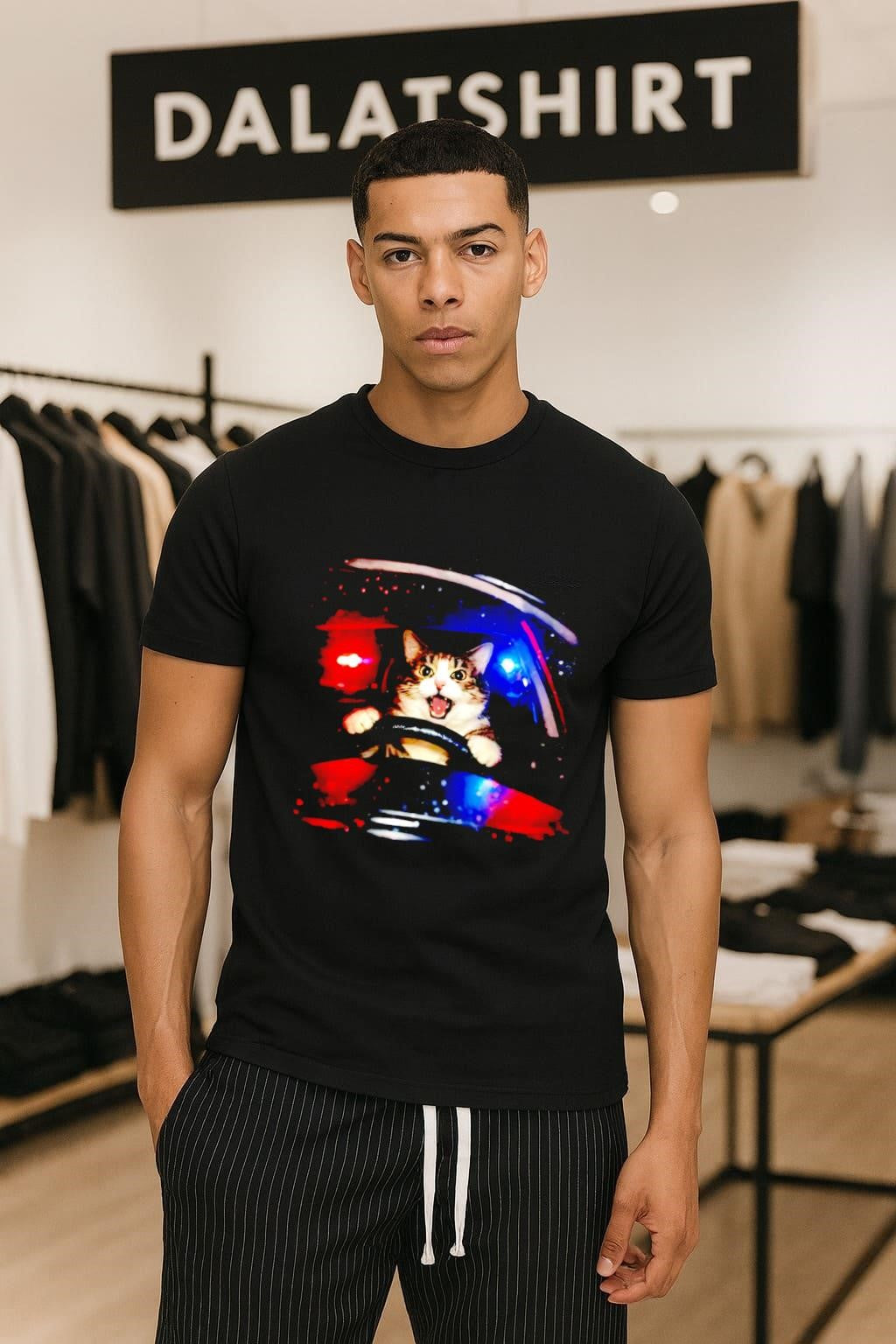 Wild Cat Driving Car With Police Sirens Funny Meme - Adult & Kids T-Shirts, Sweatshirts & Hoodies apparel design preview 1