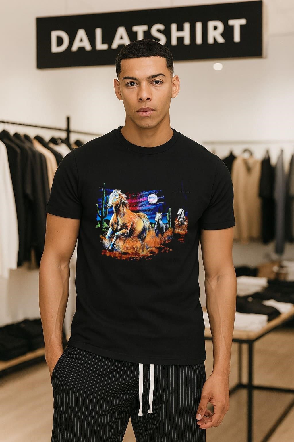 Wild Horses Galloping in Desert Night Landscape - Adult & Kids T-Shirts, Sweatshirts & Hoodies apparel design preview 1