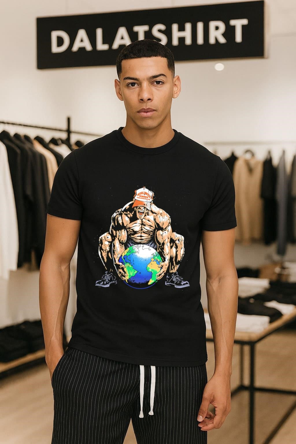 Worldwide Holadson Gym Bodybuilder Holding Planet - Adult & Kids T-Shirts, Sweatshirts & Hoodies apparel design preview 1