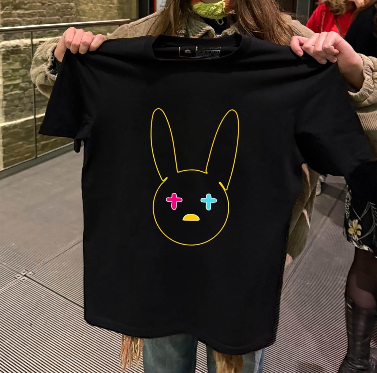 Yellow Neon Outline Bunny Face With Pink Cyan Cross - Adult & Kids T-Shirts, Sweatshirts & Hoodies apparel design preview 2