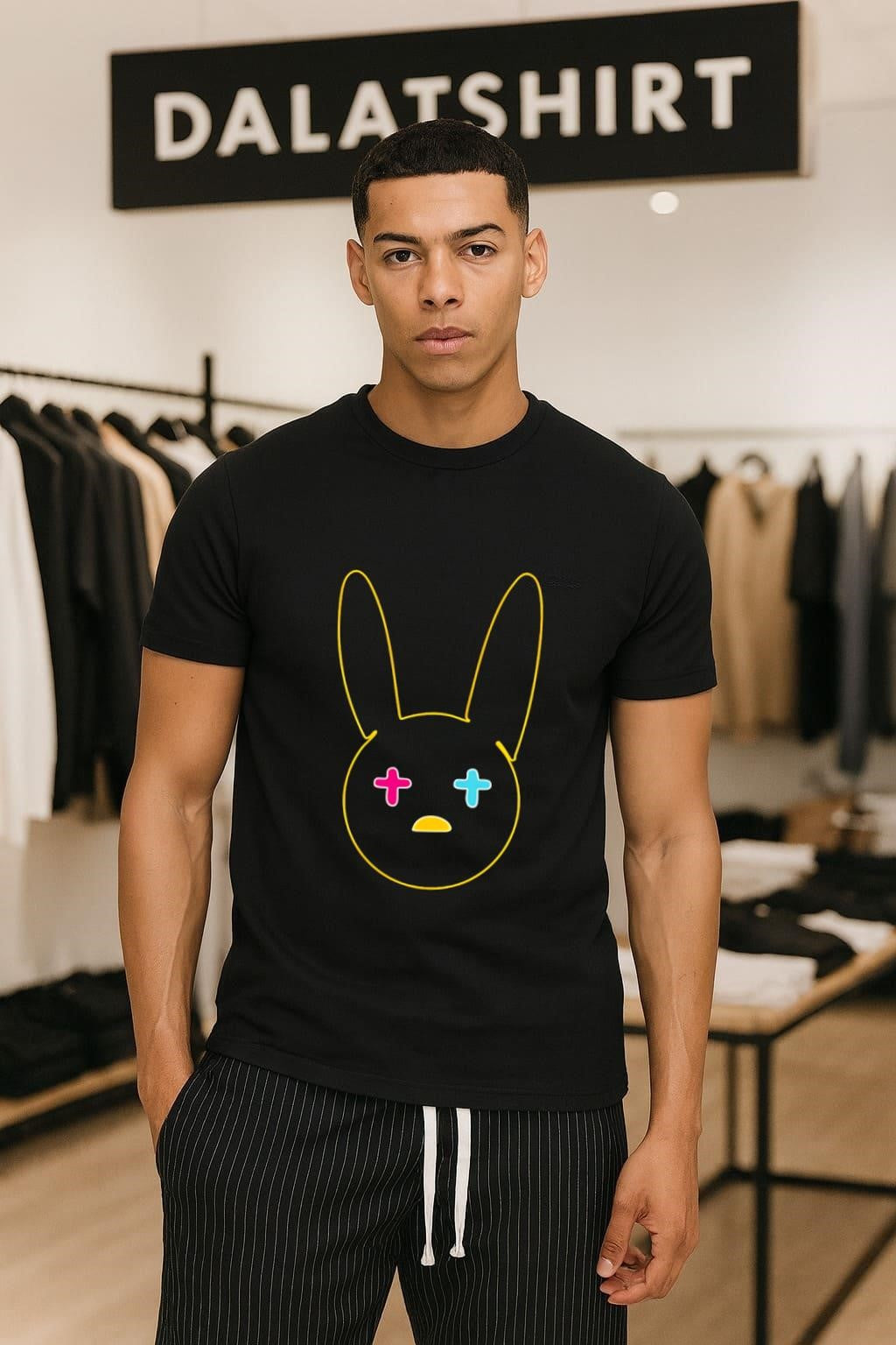 Yellow Neon Outline Bunny Face With Pink Cyan Cross - Adult & Kids T-Shirts, Sweatshirts & Hoodies apparel design preview 1